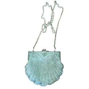 Vintage Glass Beaded Silver Clamshell Purse Long Chain Retro Glam